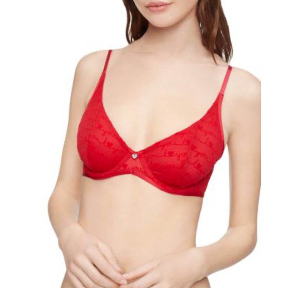 Calvin Klein Womens I Love You Full Coverage Unlined Demi Cups T-Shiirt Bra Red